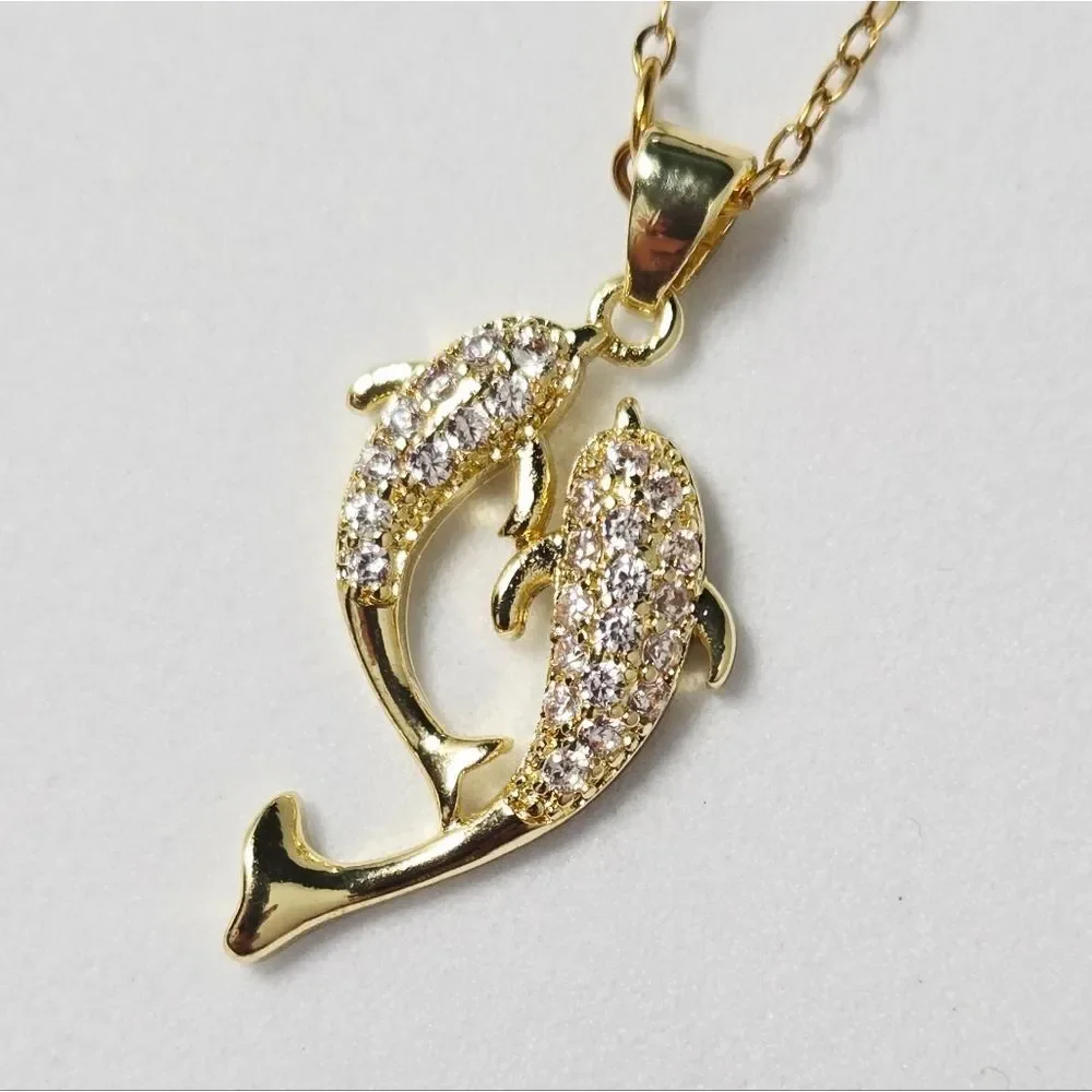 Shiny Pave CZ Dolphin Pendant Necklace 18K Gold Plated Stainless Steel Giftable
